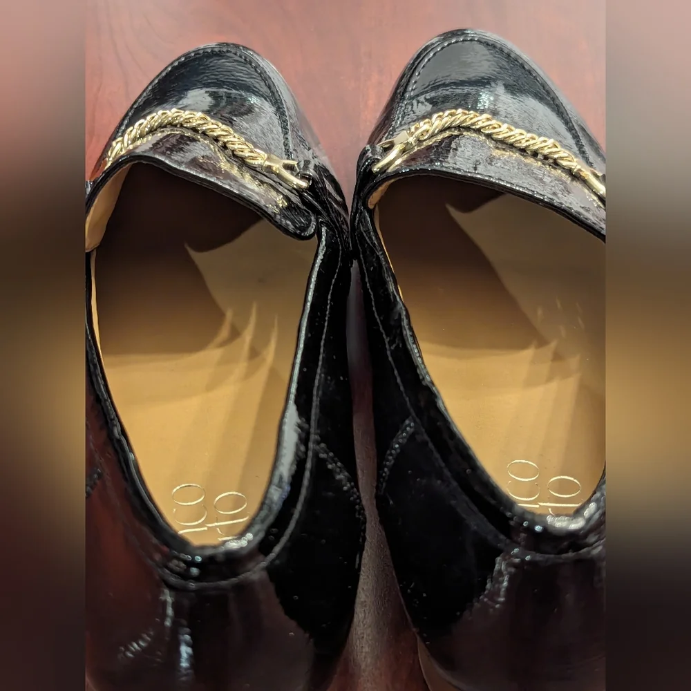 Franco Sarto Persephone black patent flats, size 8